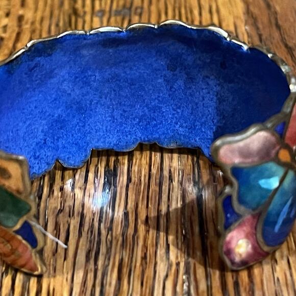 Vintage Signed David Kuo Champleve Enamel Cuff Bracelet Cloisonné Butterfly - Picture 15 of 16